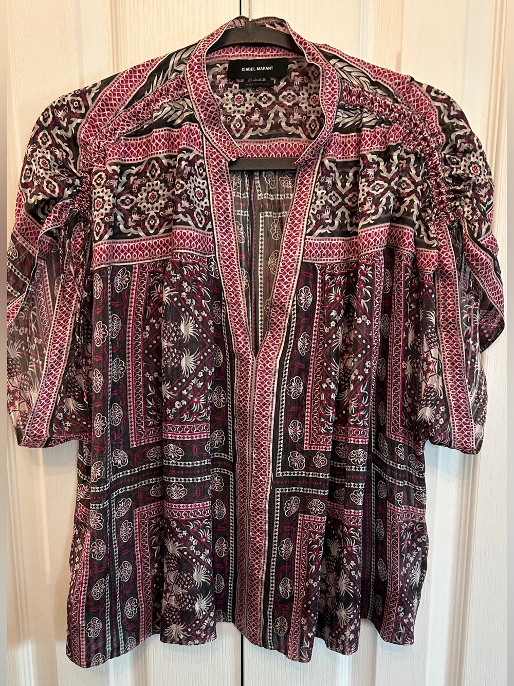 Isabel Marant Maria 100% Silk Boho Blouse Dark Grey Raspberry FR 36 (US 6) EUC